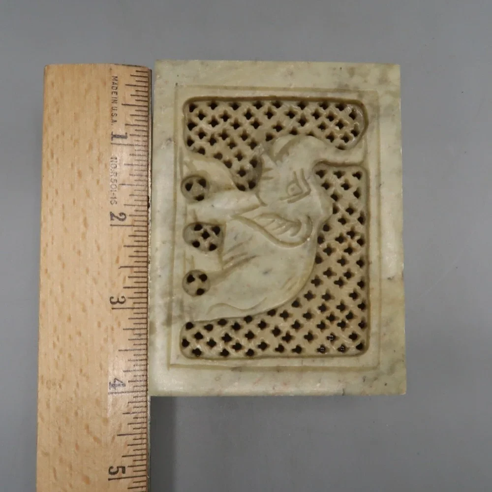 Vintage Hand Carved Elephant Soap Stone Marble Trinket Jewelry Box Hinged Lid